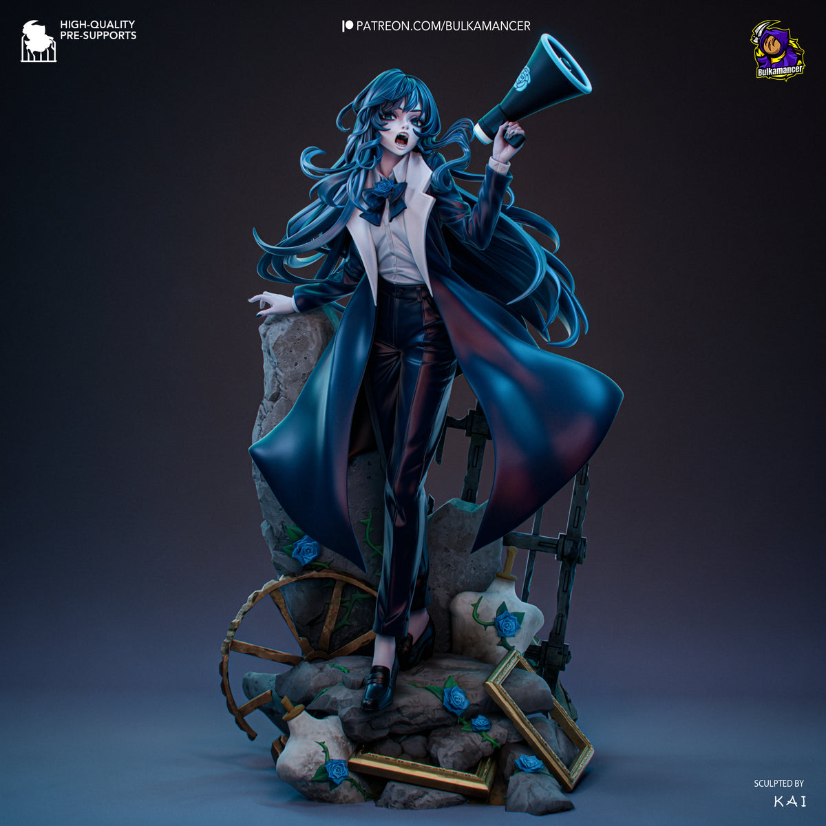 Painted Chando from Ado resin figure stands with a raised megaphone atop a rocky base.