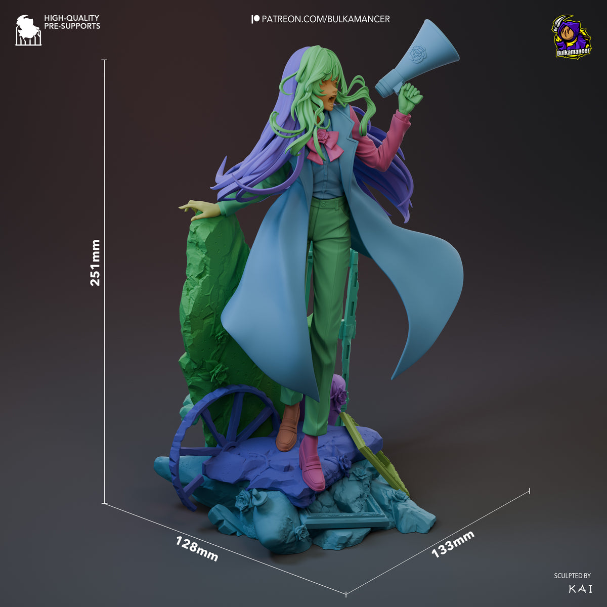 Chando from Ado is a painted resin figure with a megaphone on a sculpted base, 251mm tall.