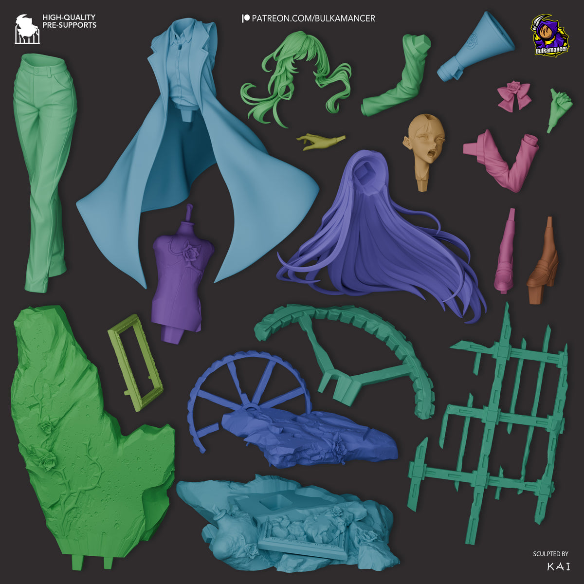 Parts layout for Chando from Ado resin figure, showing unpainted costume, hair, limbs, props, and sculpted bases.