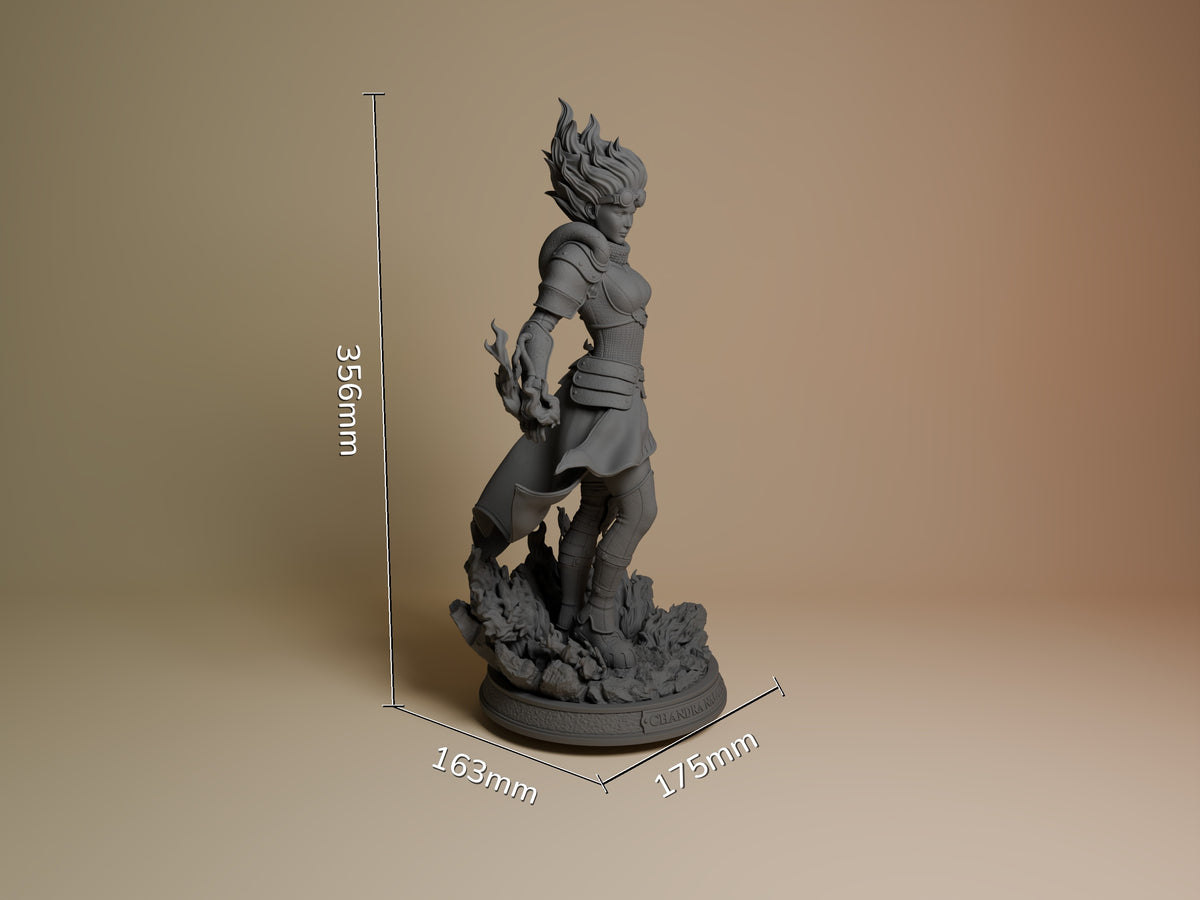Chandra resin figure from Magic: The Gathering shown at 356mm height with scale measurements, displaying detailed armor and dynamic pose on textured base.