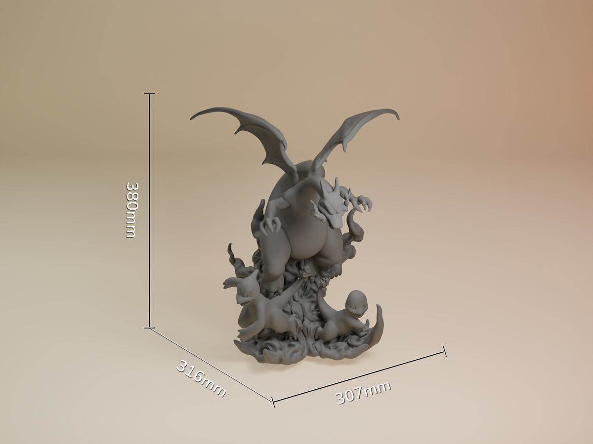 Charmander Evolutions from Pokémon resin figure has unpainted forms on a sculpted base, 380mm high.