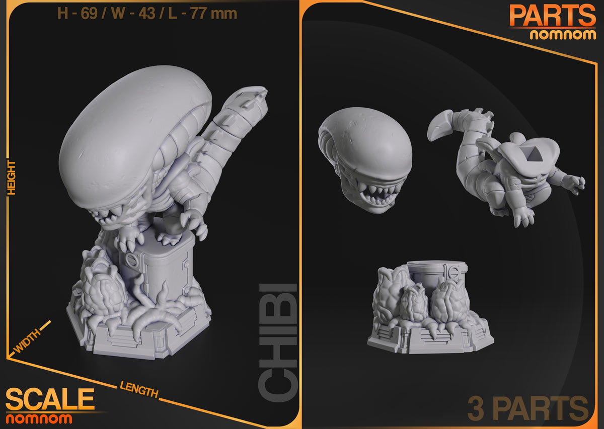 Parts breakdown image showing individual components and assembly layout for Xenobeast Broodling figure.