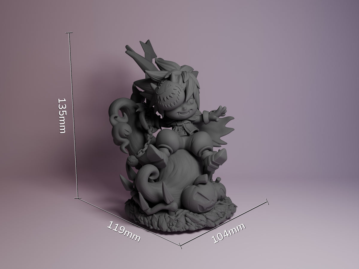 Keybearer Sky resin Chibi figure from Heart Realms Saga shown at scale with dimensions 135mm height, 119mm depth, 104mm width, unpainted gray prototype with dynamic pose on decorative base.