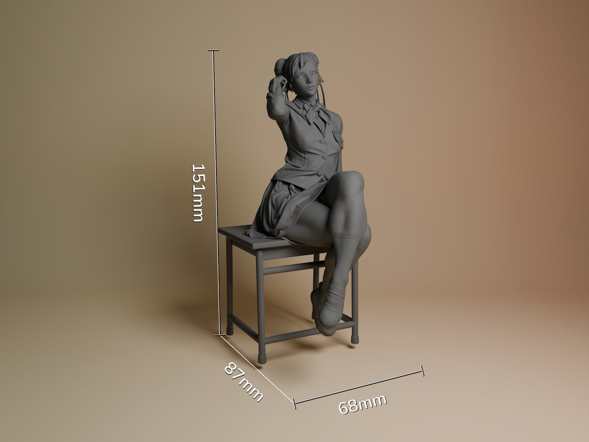 Chun-Li resin figure from Street Fighter posed seated on a chair, shown at scale with dimensions 151mm height, 87mm depth, 68mm width.