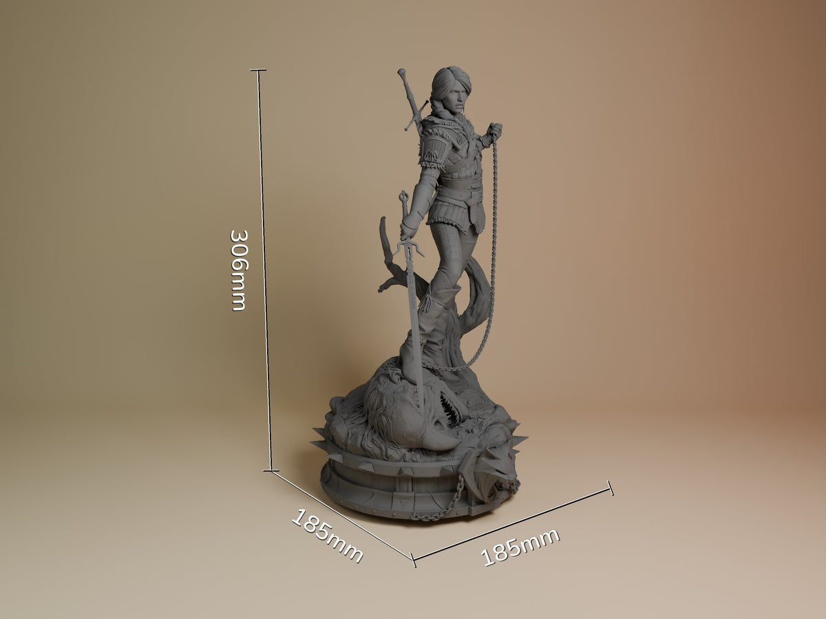 Ciri resin figure with sword and rope on monster base, unpainted gray finish, shown at 306mm height with 185mm width dimensions.