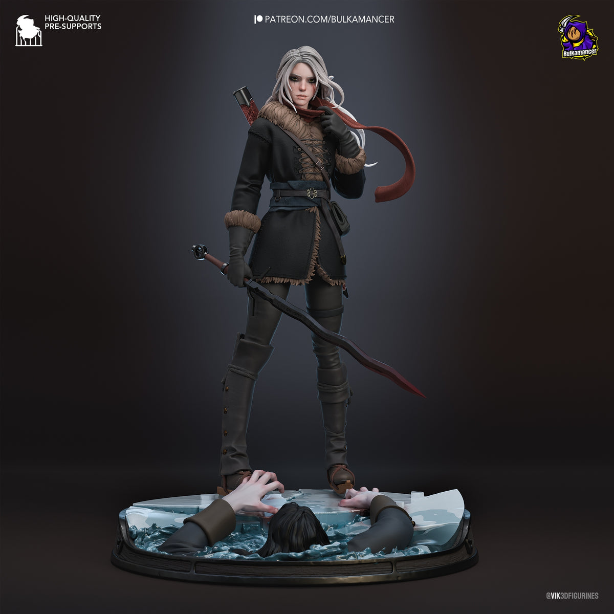 Ciri from The Witcher is a painted resin figure standing with swords on a sculpted water base.