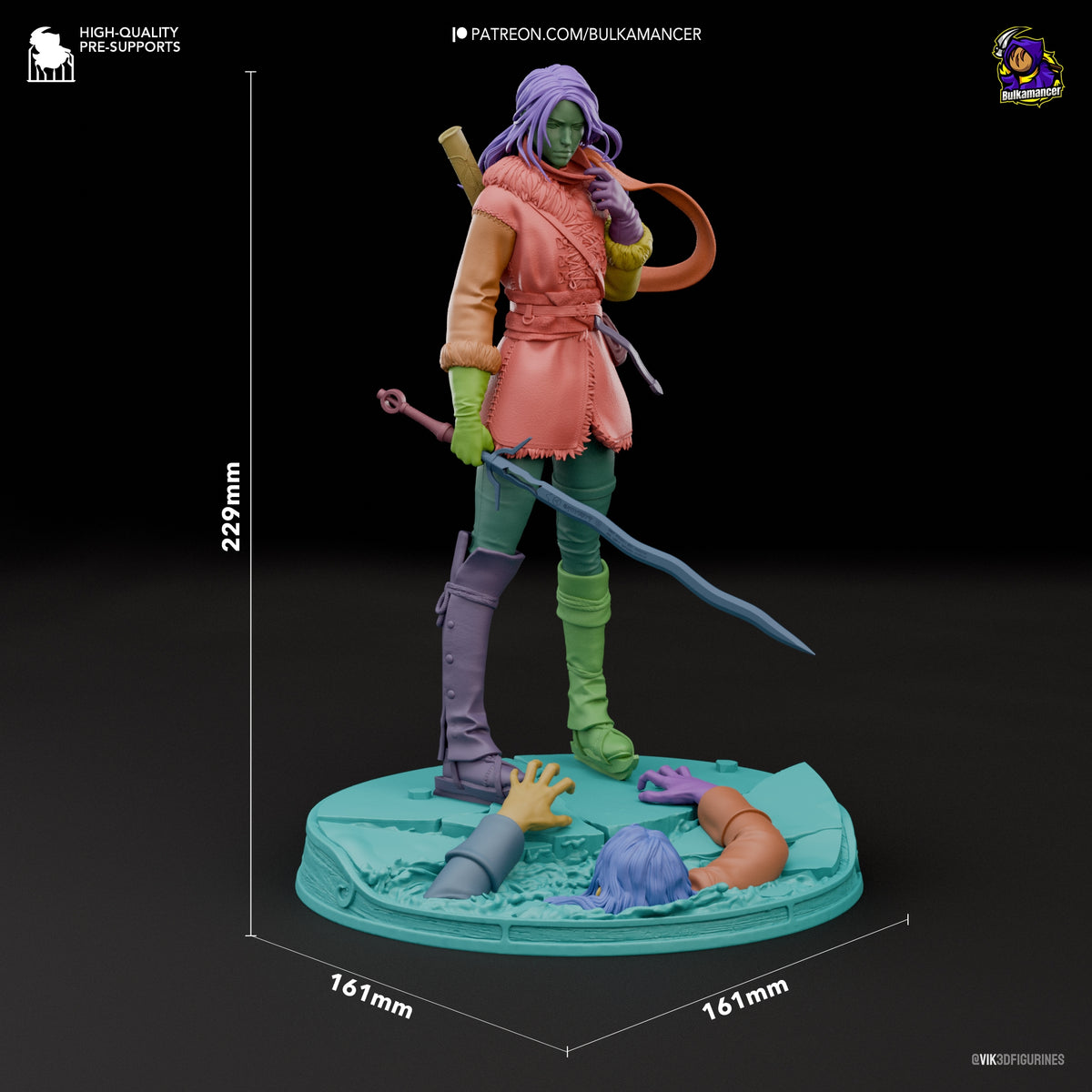 Ciri from The Witcher resin figure stands painted with sword on a sculpted base, 229mm tall.