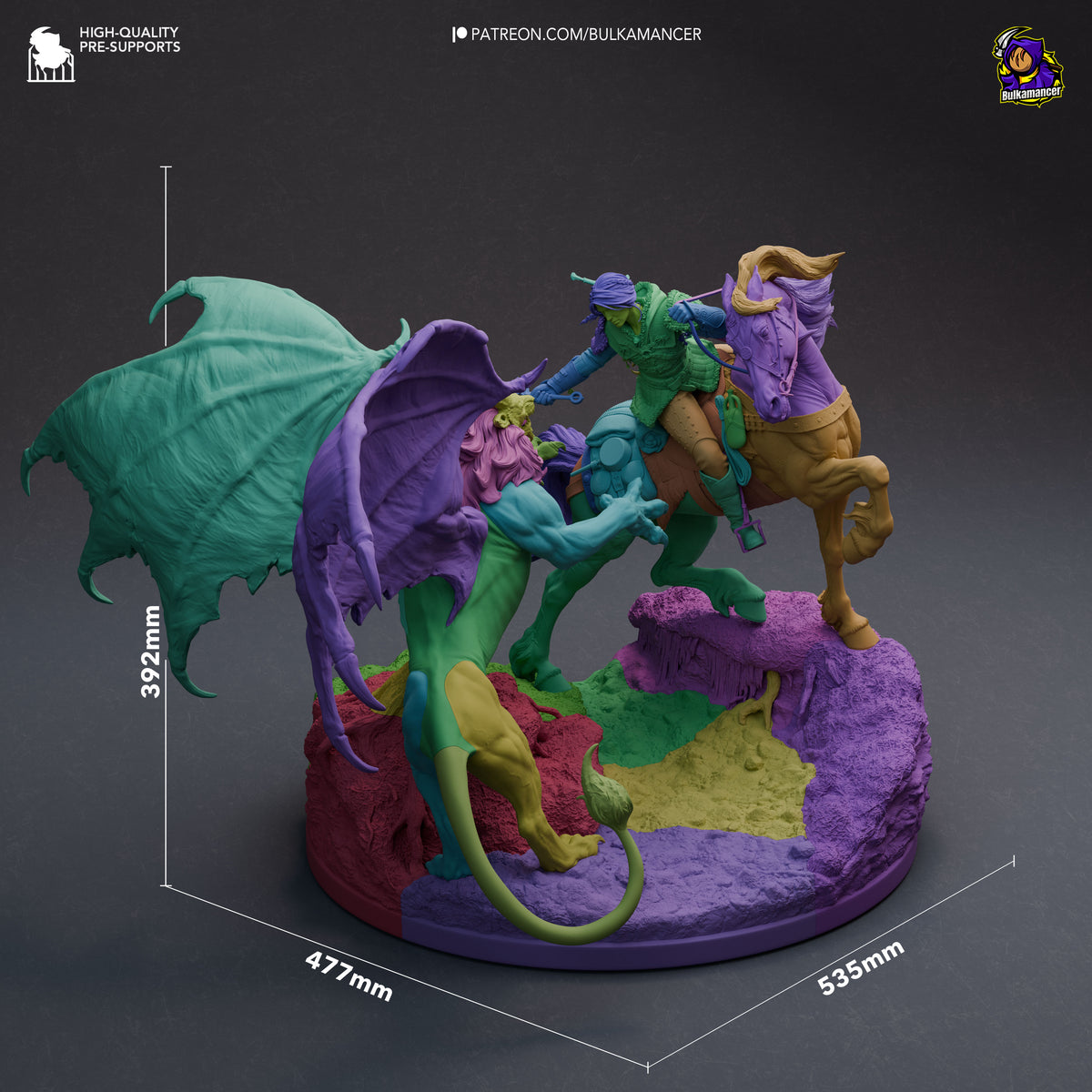 Ciri vs Manticore from The Witcher resin diorama is shown unpainted with scale lines.