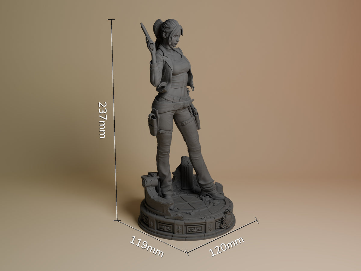 Unpainted Claire Redfield from Resident Evil stands armed on a sculpted base as a resin figure.