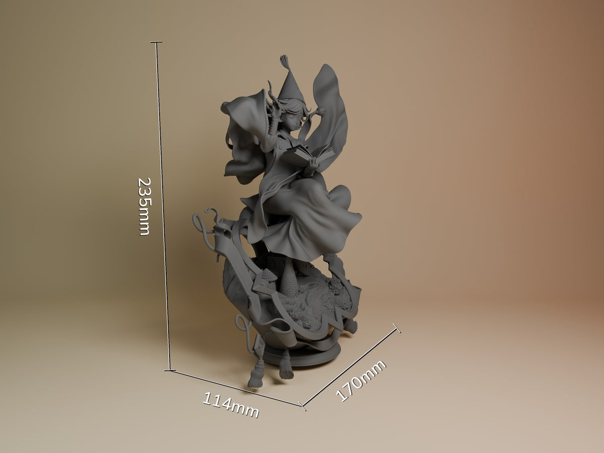 Coco resin figure from Witch Hat Atelier shown at 235mm height with dimensional scale, unpainted gray finish, dynamic pose on decorative base.