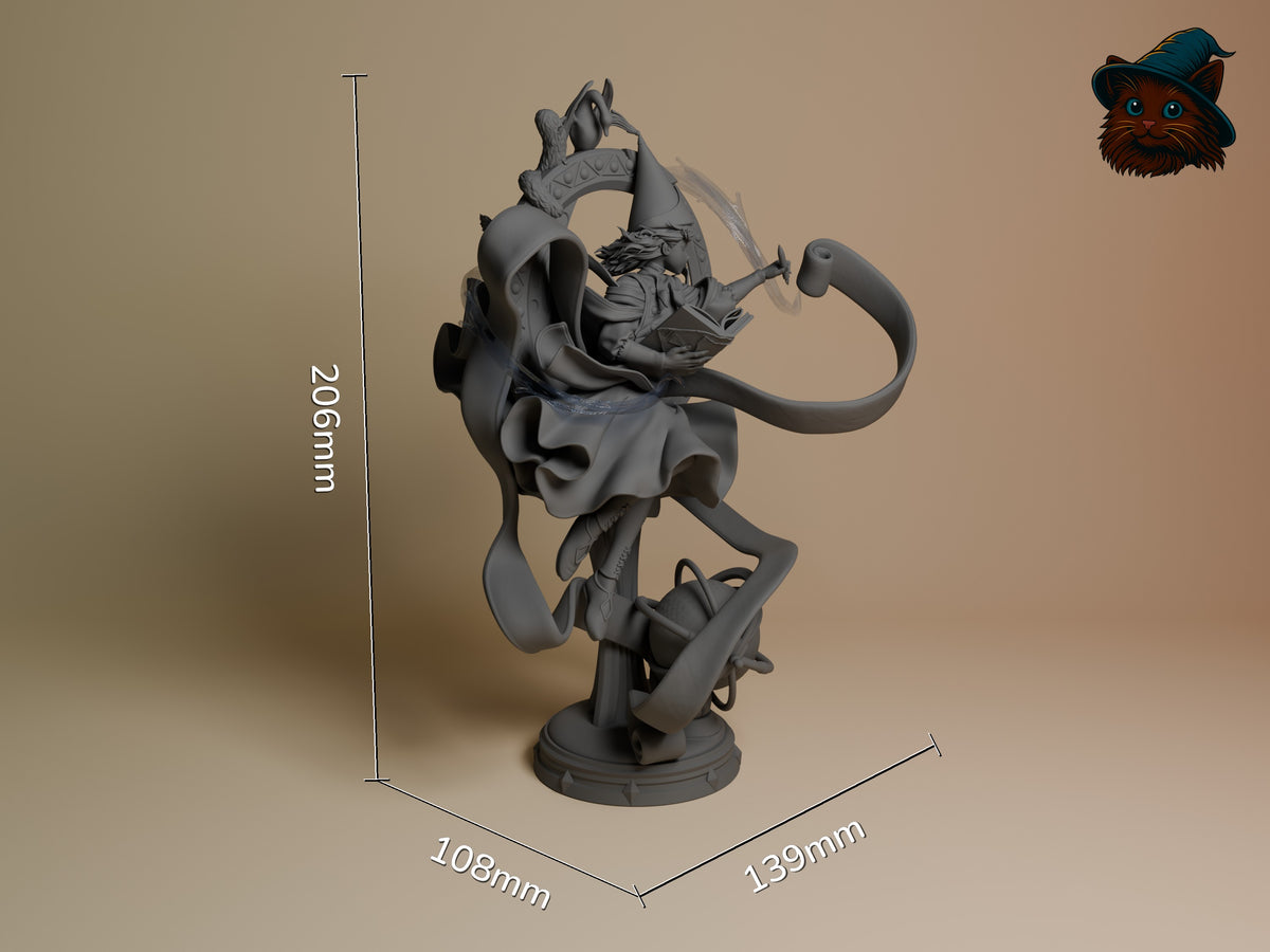 Coco from Witch Hat Atelier, a gray resin figure posed reading on a sculpted base, measures 206mm tall.