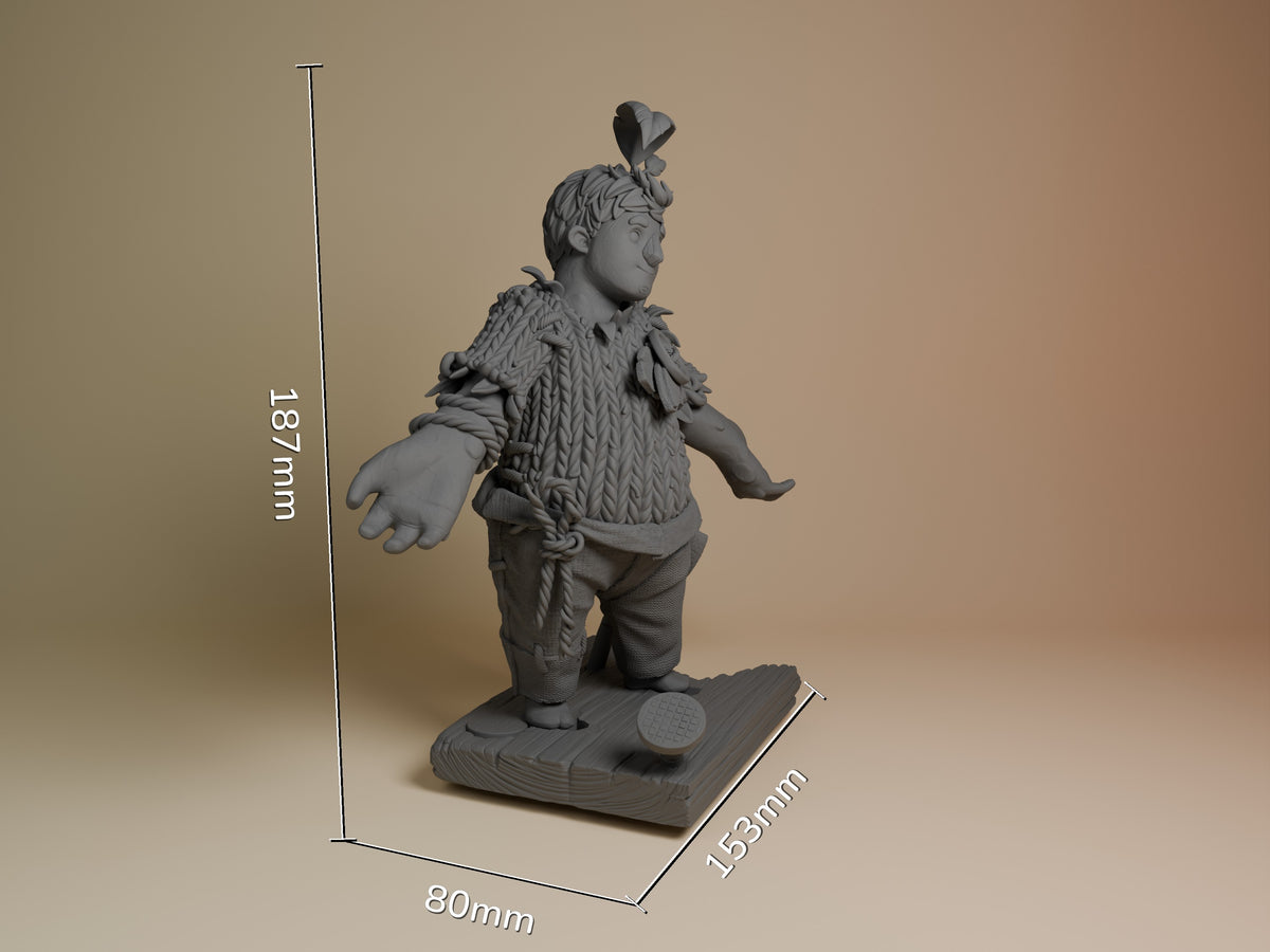 Cody from Two Are Needed resin figure shown at scale (80x153x187mm), unpainted gray, in dynamic pose with outstretched arms on wooden base.