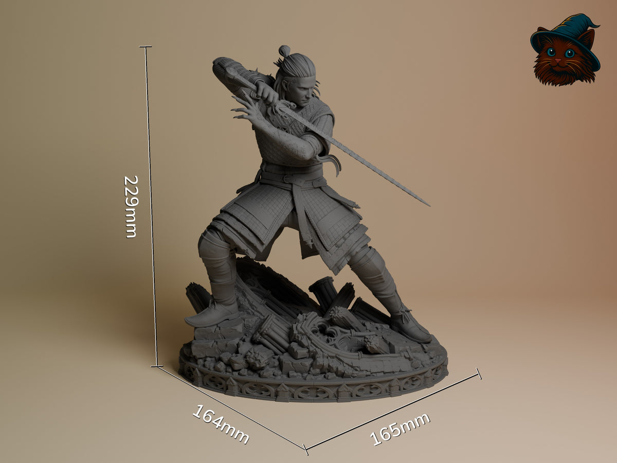 Coen from The Blood of Dawnwalker is an unpainted resin figure in a three-quarter stance, sword raised on a sculpted base, .