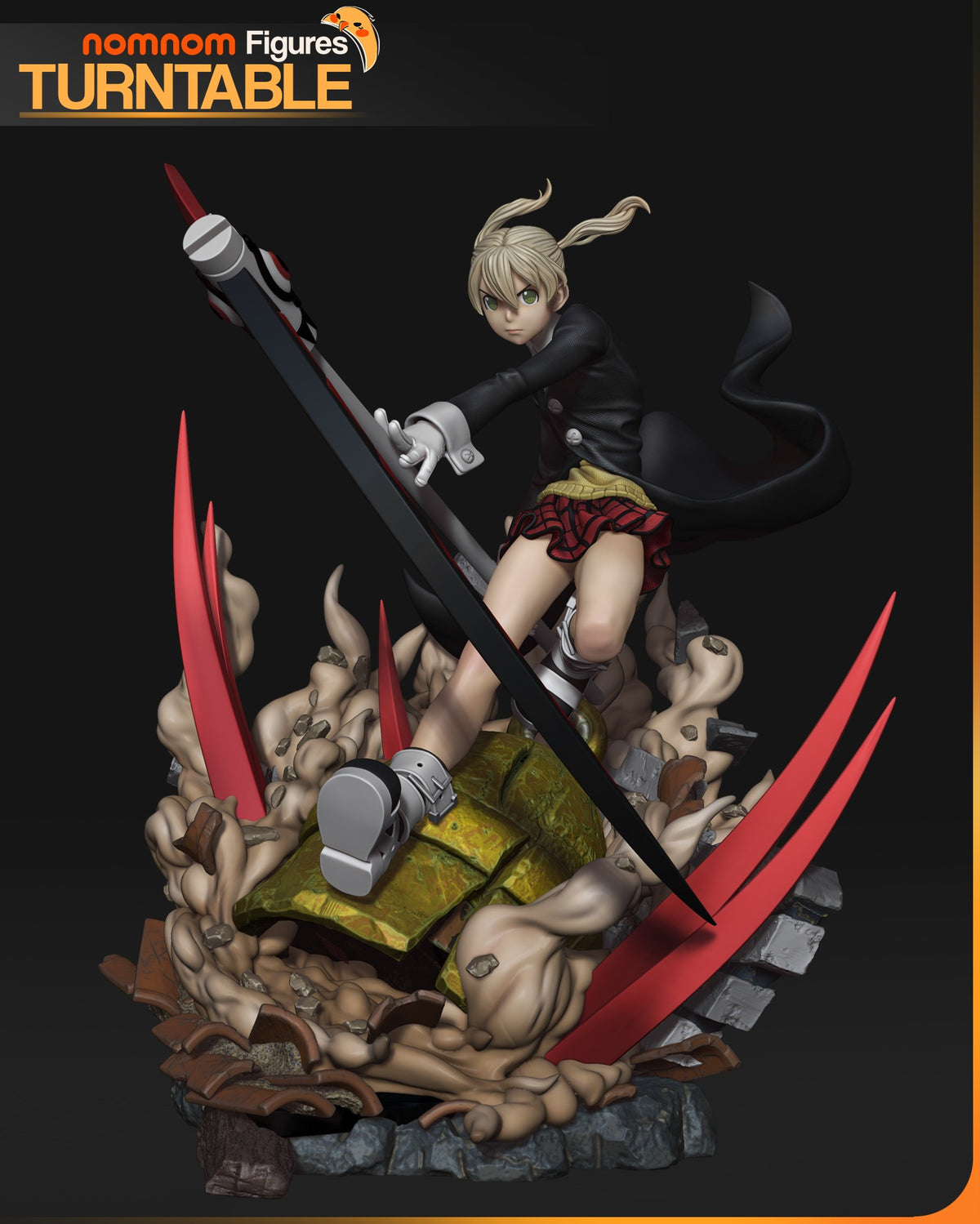 Three-quarter painted Maka from Soul Eater resin figure lunges with scythe on rubble base.