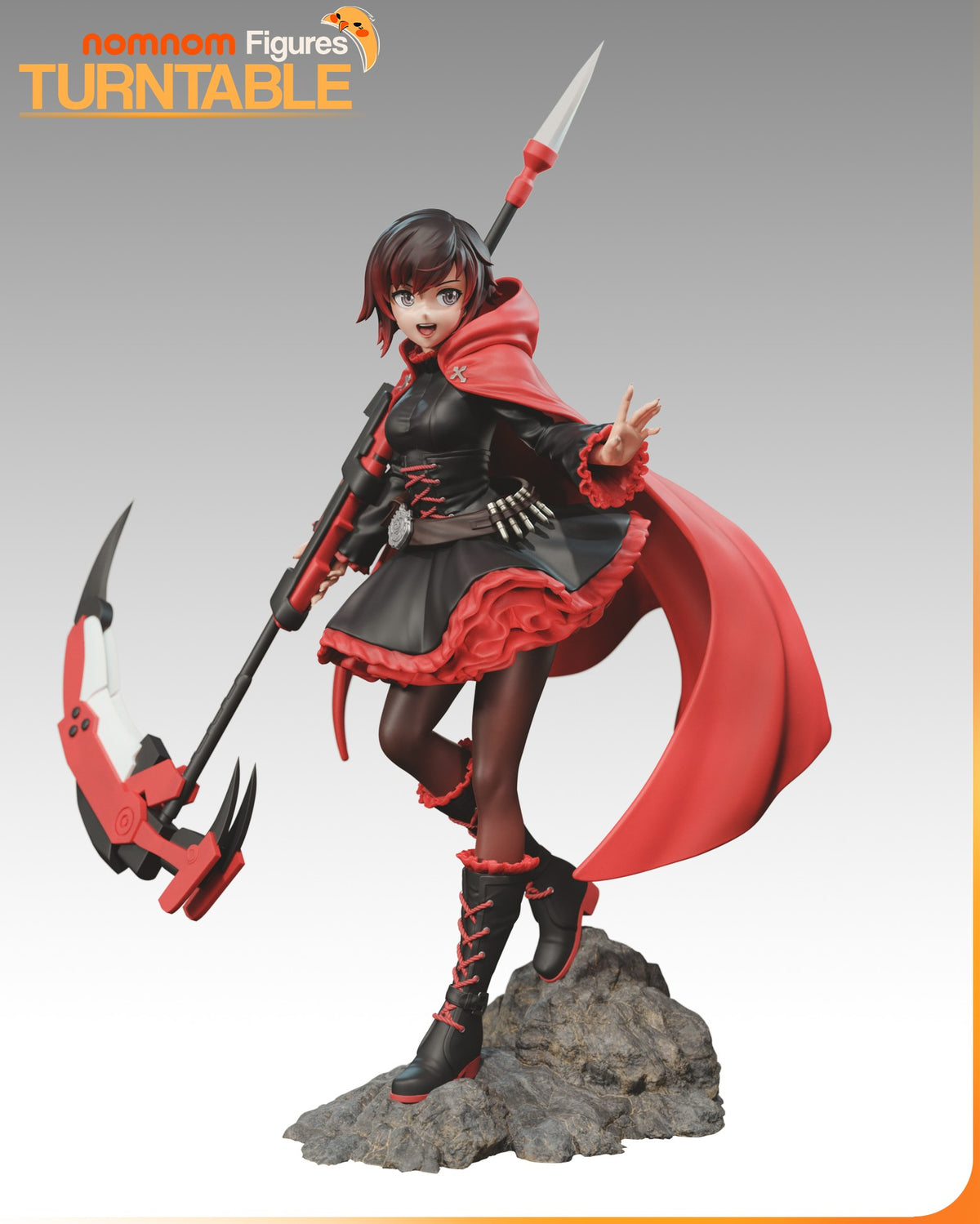 Ruby Rose resin figure in dynamic pose wielding scythe and weapon, red and black outfit with cape on rocky base, full painted detail.