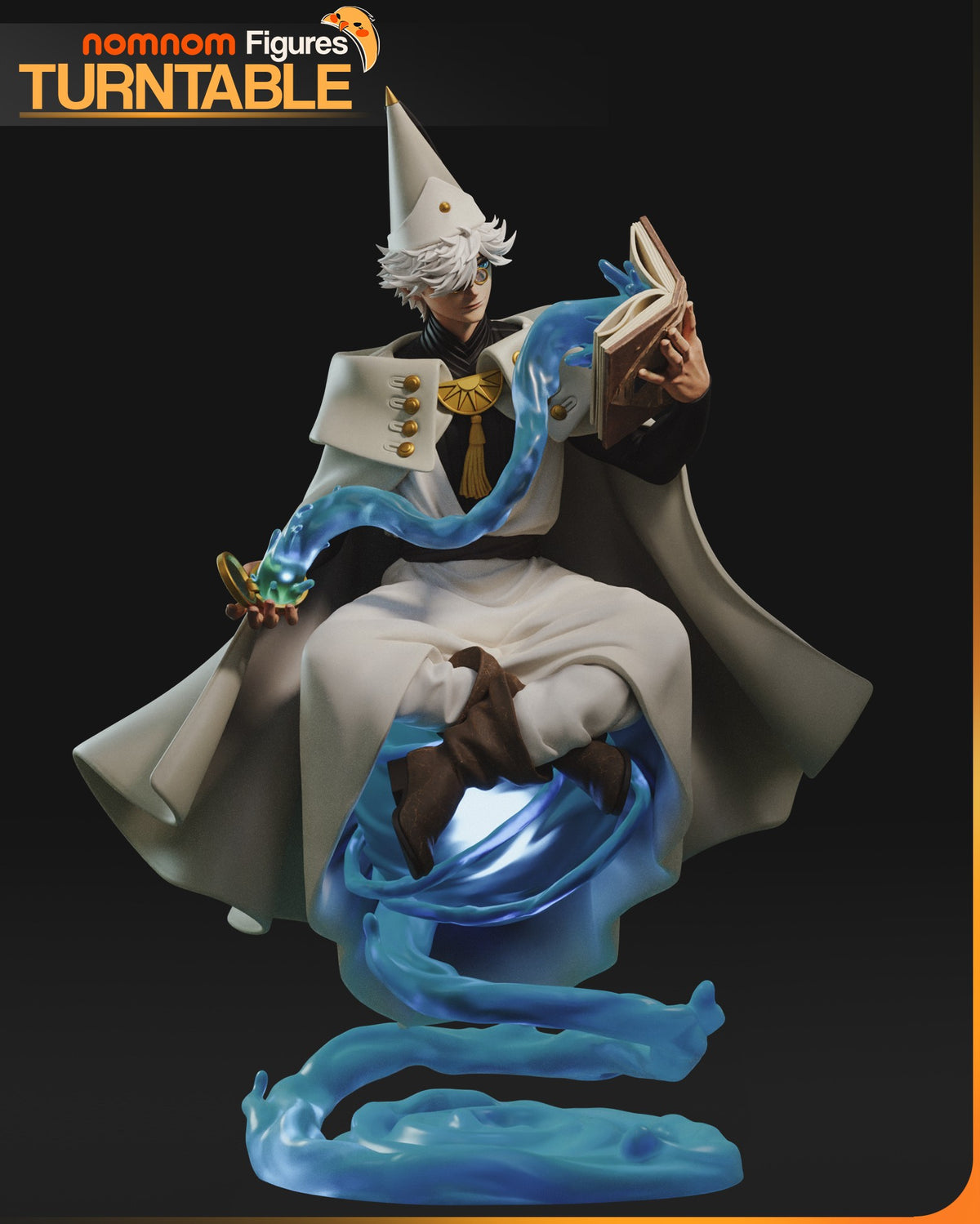 Qifrey resin figure from Witch Hat Atelier posed reading a book, wearing white robes and pointed hat, blue magical aura swirling around base, detailed painted accents.