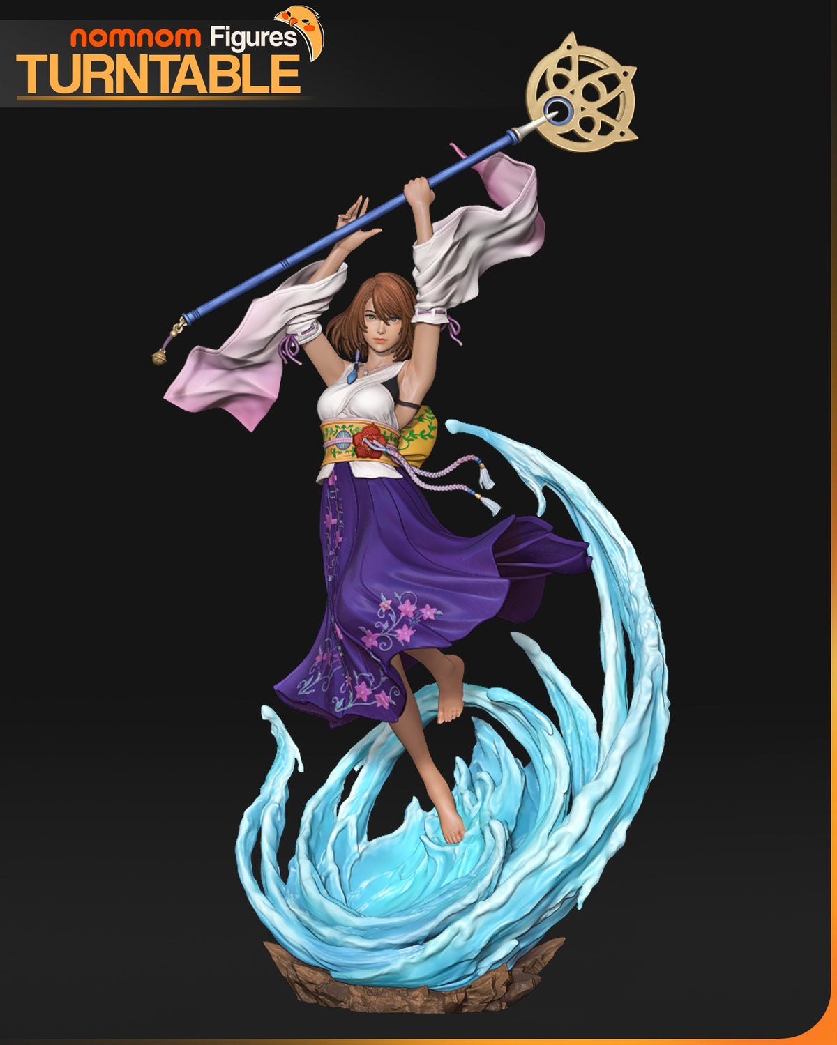 Yuna from Final Fantasy is a painted resin figure, front-facing with raised staff and waves.