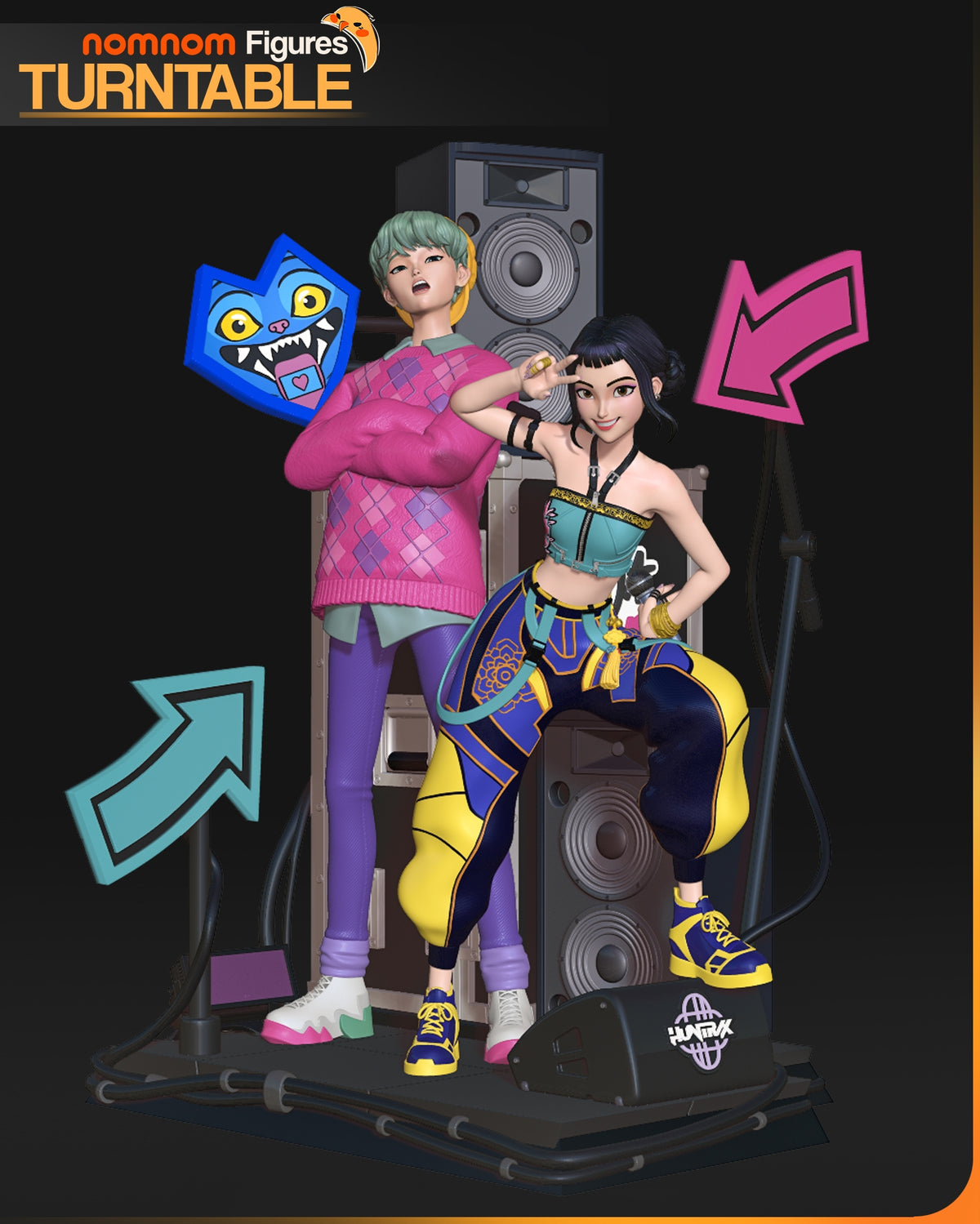 Zoey from KPop Demon Hunters is a painted resin figure seated front-right on a sculpted stage base.