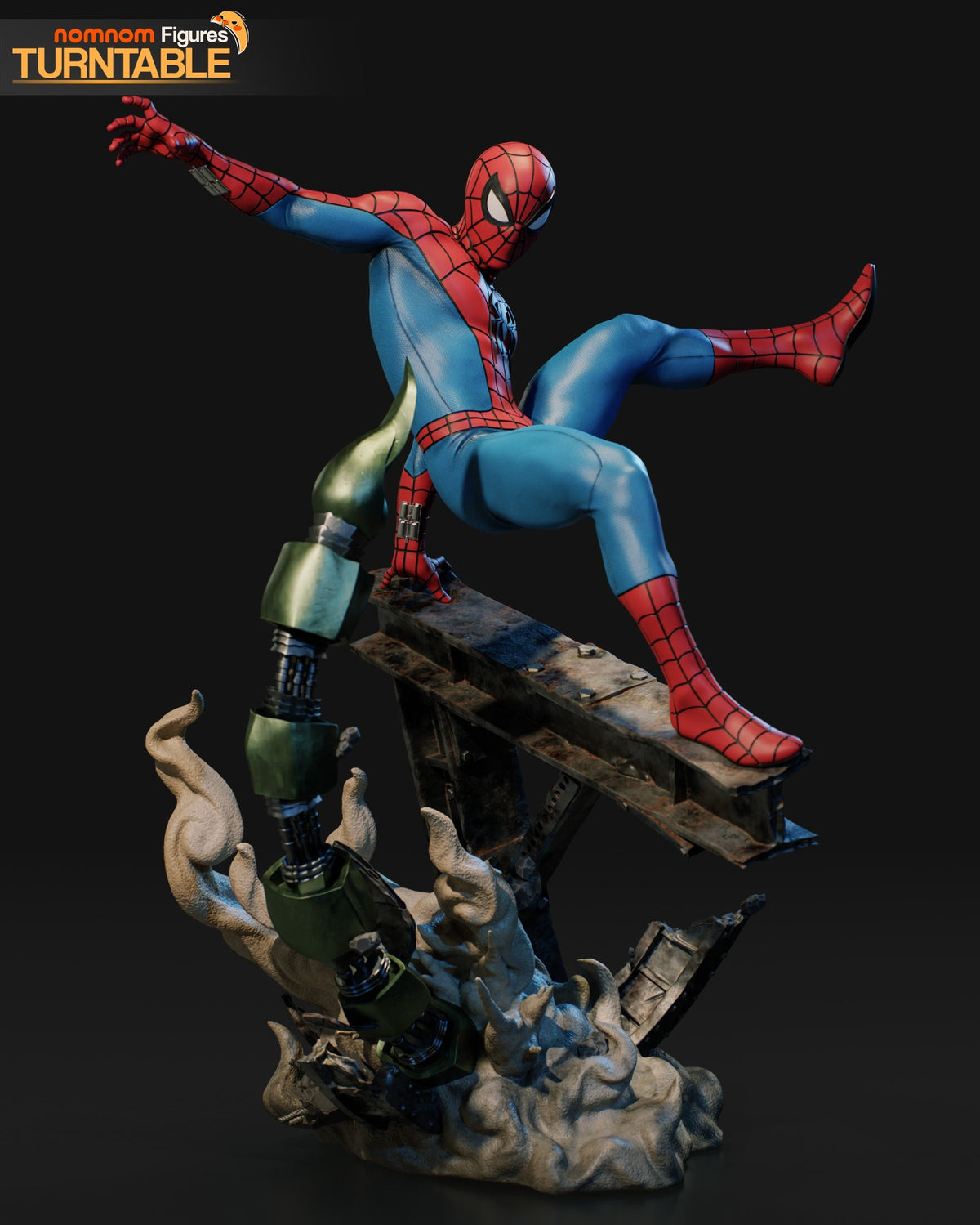 Spider-Man resin figure in dynamic pose on elaborate base with mechanical components, red and blue painted details, one leg extended upward, arm outstretched.