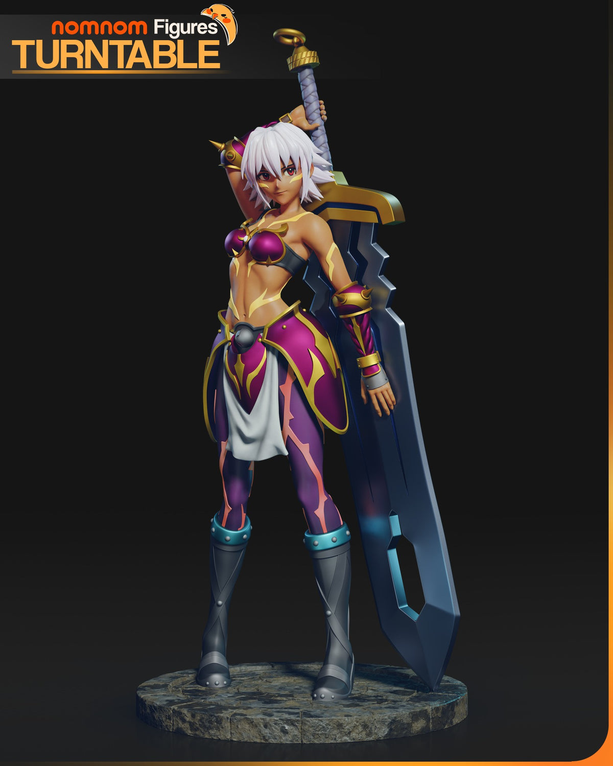 Black Rose resin figure from .Hack standing on stone base, holding large sword overhead, wearing gold and purple armor with white hair, front three-quarter view.