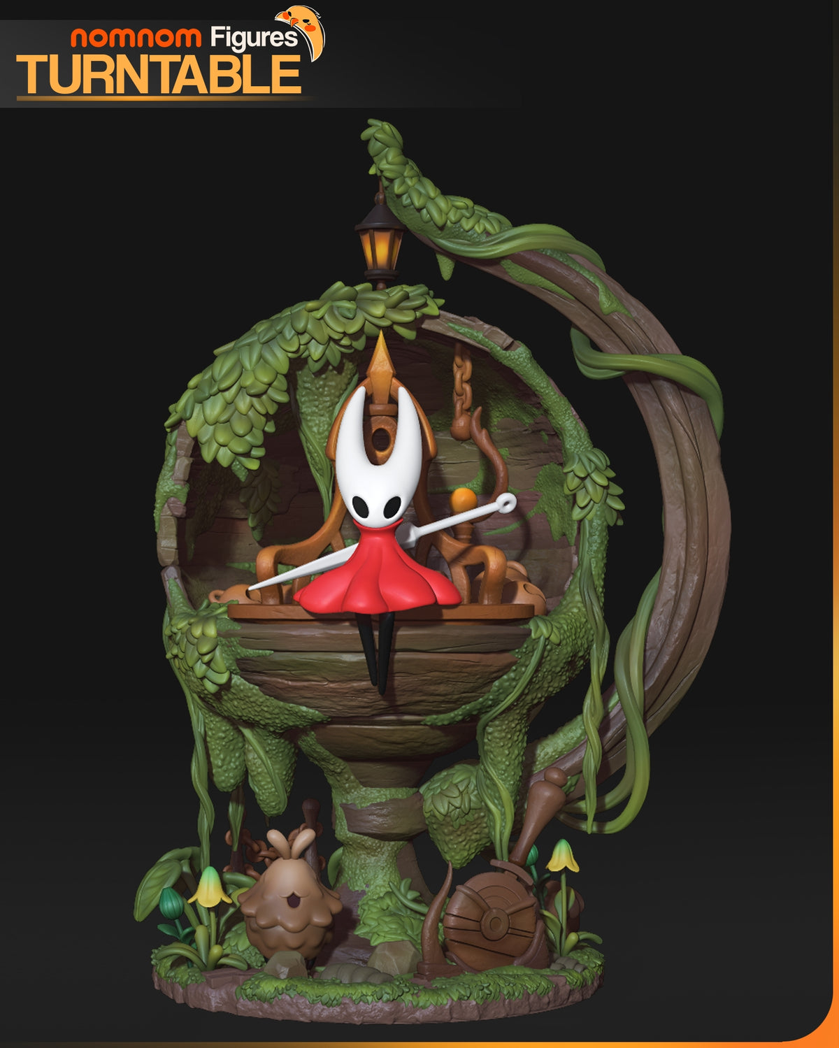 Hornet from Hollow Knight stands front-facing with needle raised on a sculpted forest resin figure base.