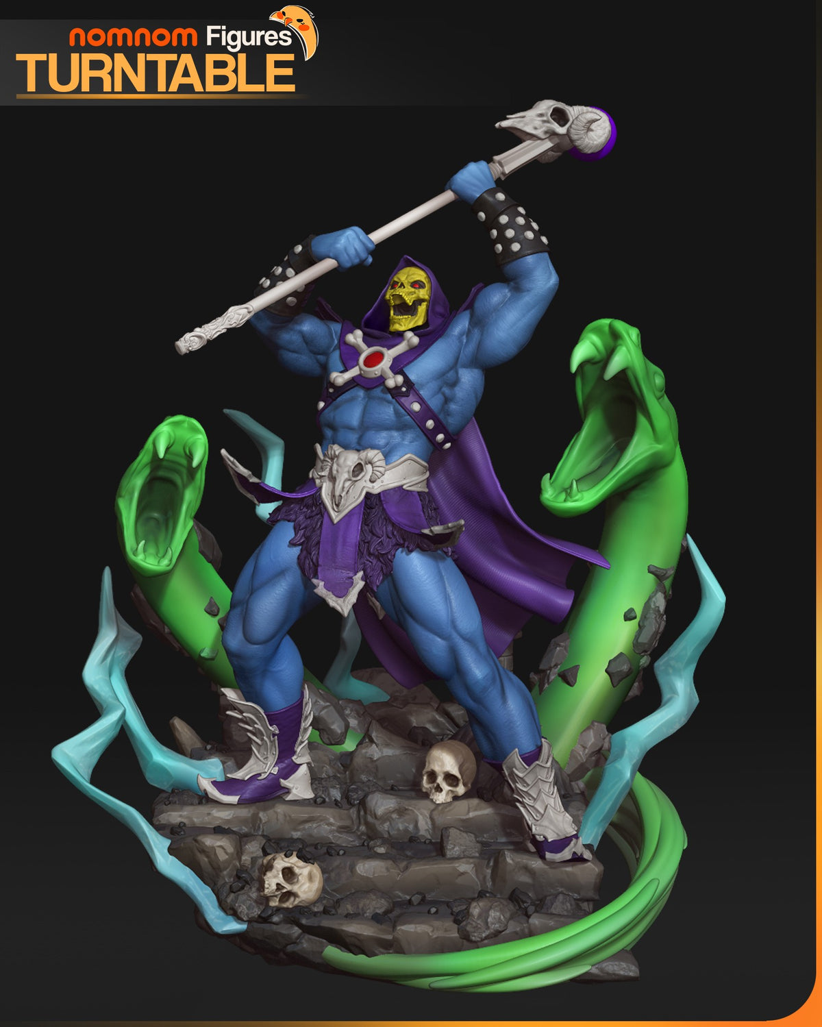 Bone Lord resin figure from He-Man displayed frontally on rocky base with green energy effects, wielding spiked staff, blue and purple painted details with skull head.
