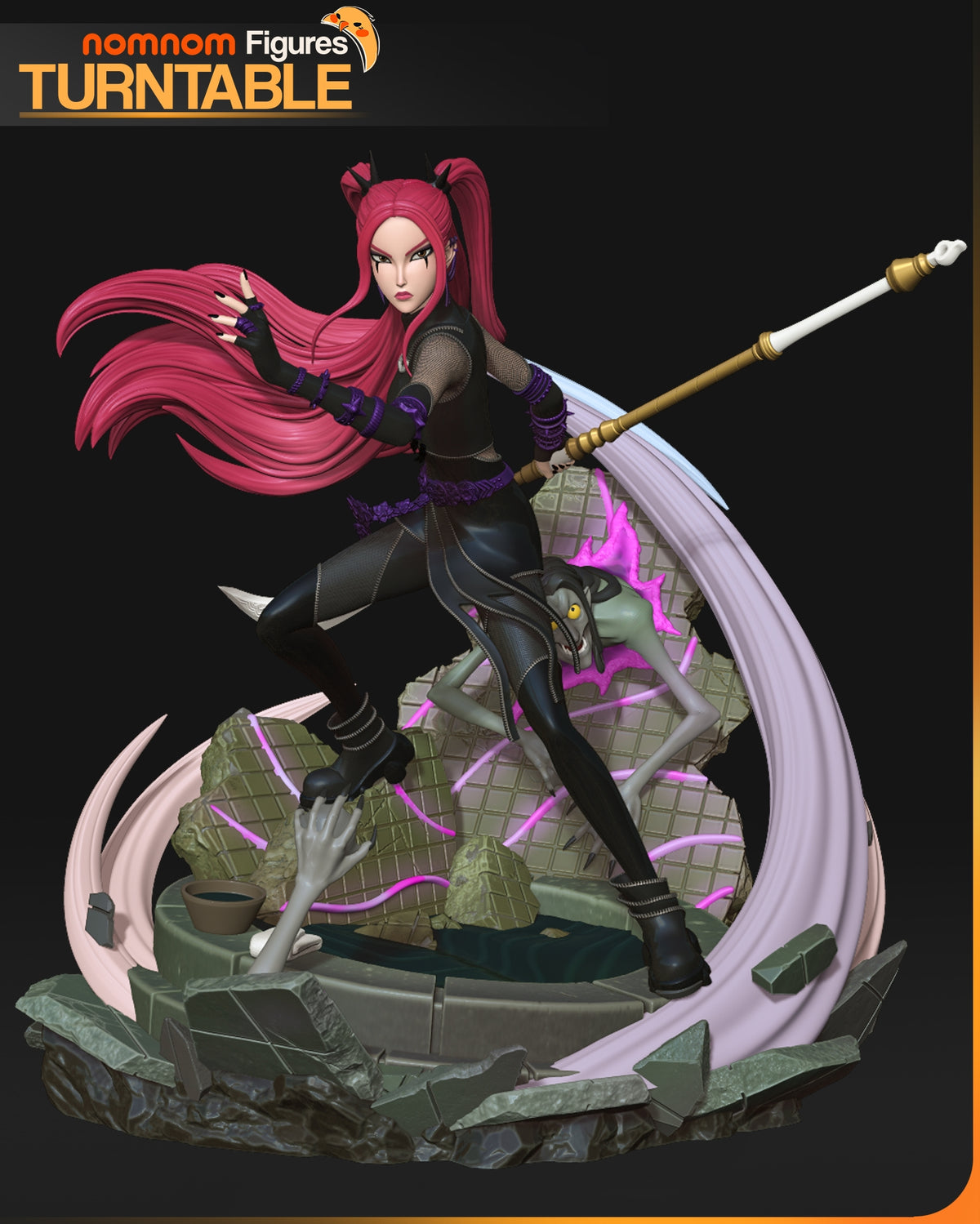 Three-quarter view shows painted Mira from KPop Demon Hunters as a resin figure with staff, demon, and sculpted base.