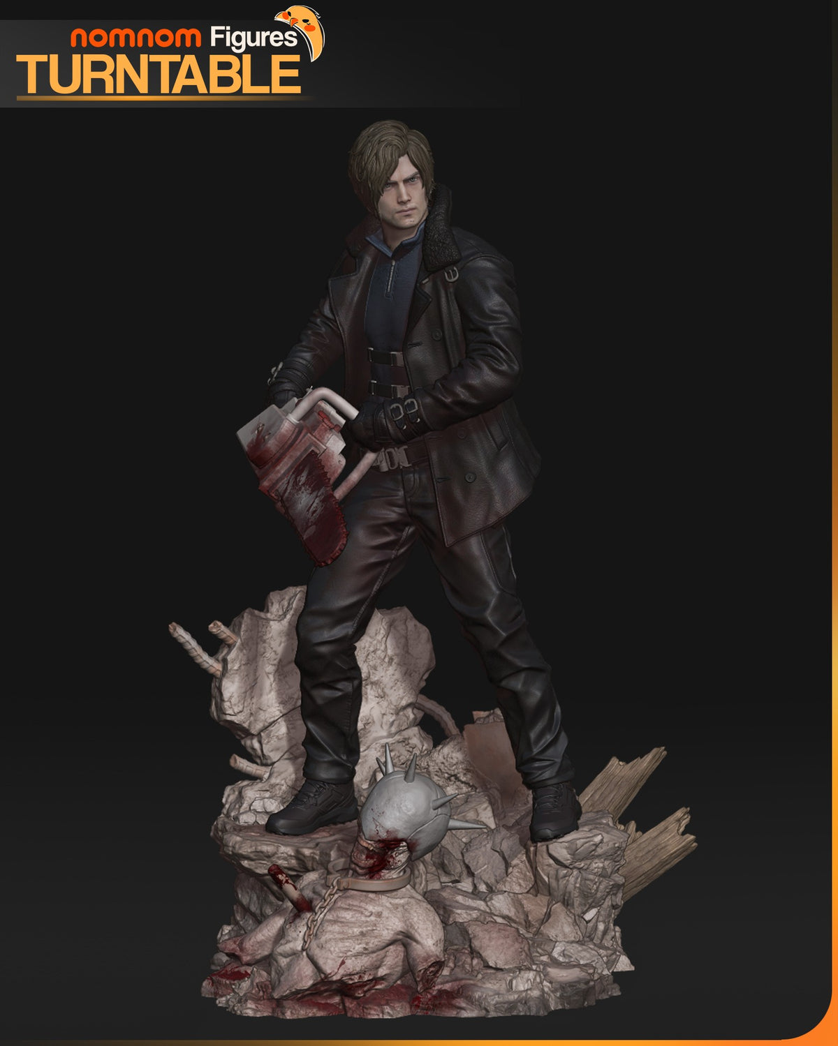 Painted Leon from Resident Evil resin figure stands on a rubble base holding a chainsaw.