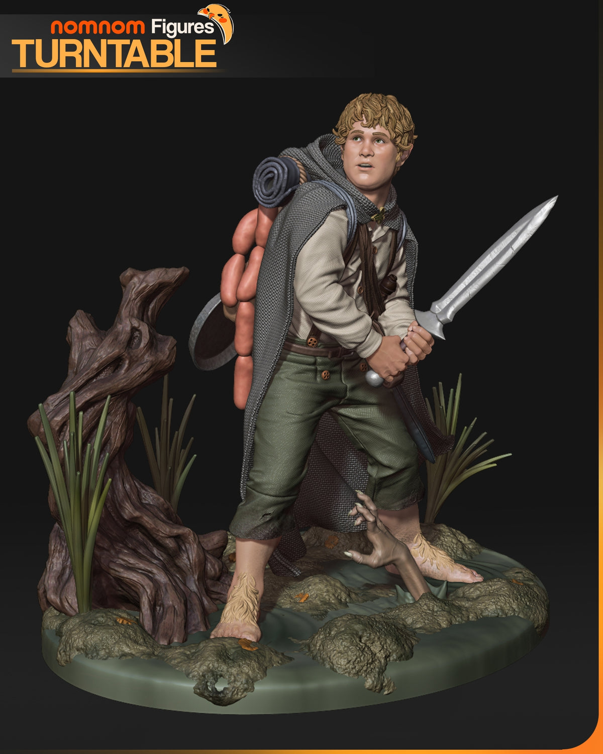 Painted Samwise Gamgee resin figure from Lord of the Rings, three-quarter sword pose on a sculpted base.