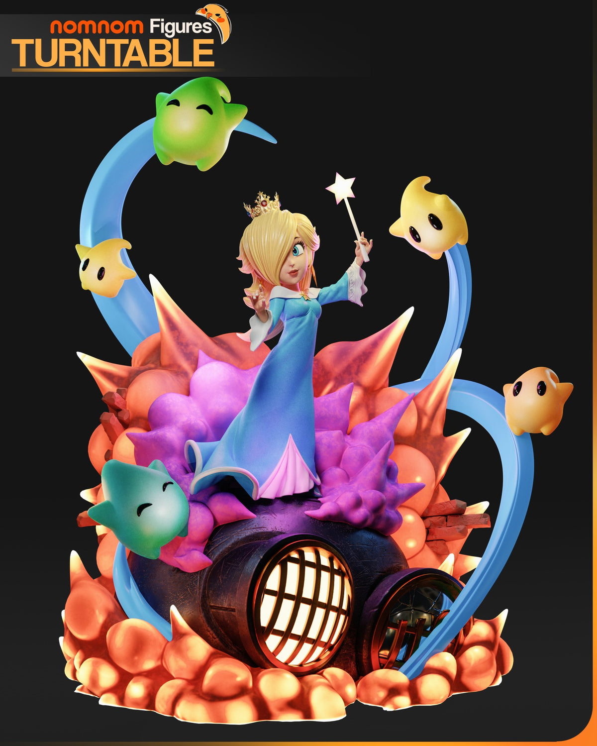 Galaxy Princess resin figure on colorful fantasy base with blue swirling ribbons, ghost characters, and glowing portal details, front three-quarter view.