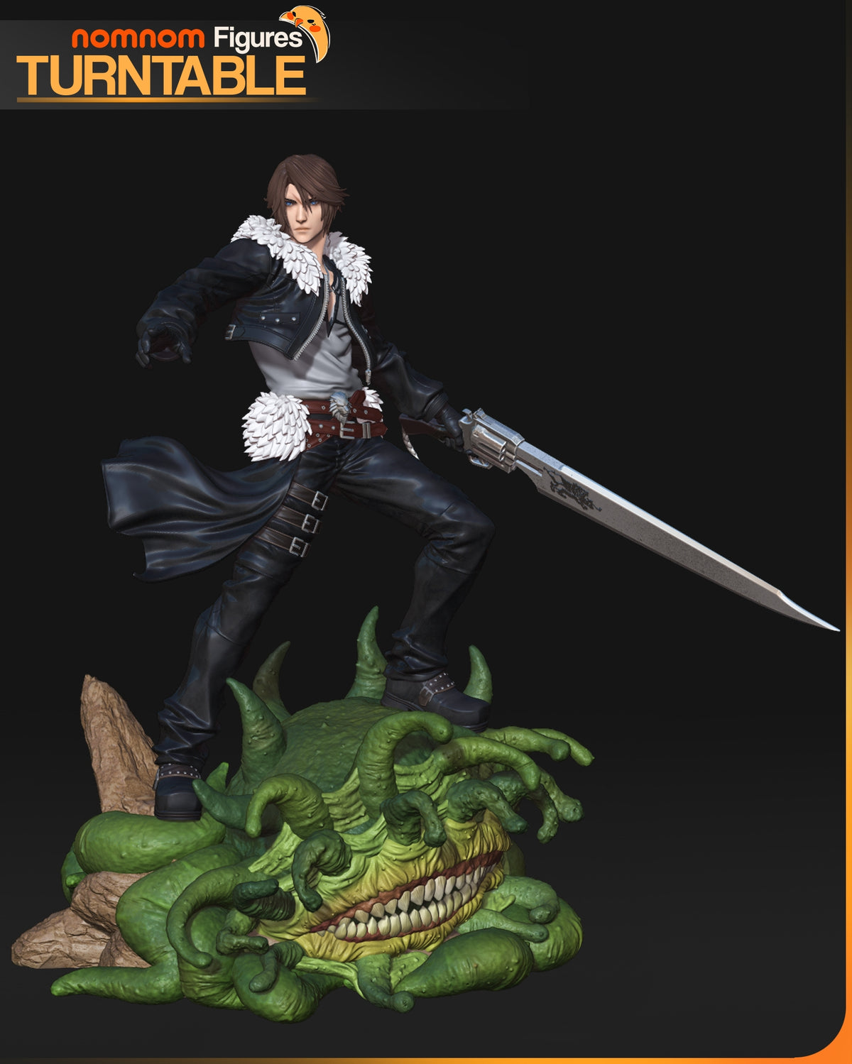 Squall Leonhart from Final Fantasy poses with a gunblade atop a sculpted monster base resin figure.