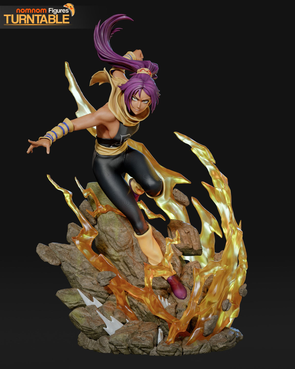 Yoruichi Shihōin resin figure in dynamic pose atop flaming rocky base, purple hair flowing, gold and black outfit detailed, sword raised.