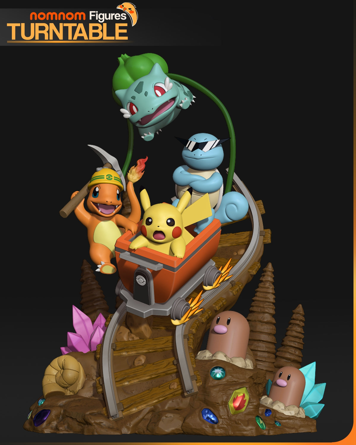 Front-view painted resin figure shows Pikachu, Bulbasaur, Charmander, Squirtle and Digidas from Pokémon on a sculpted base.