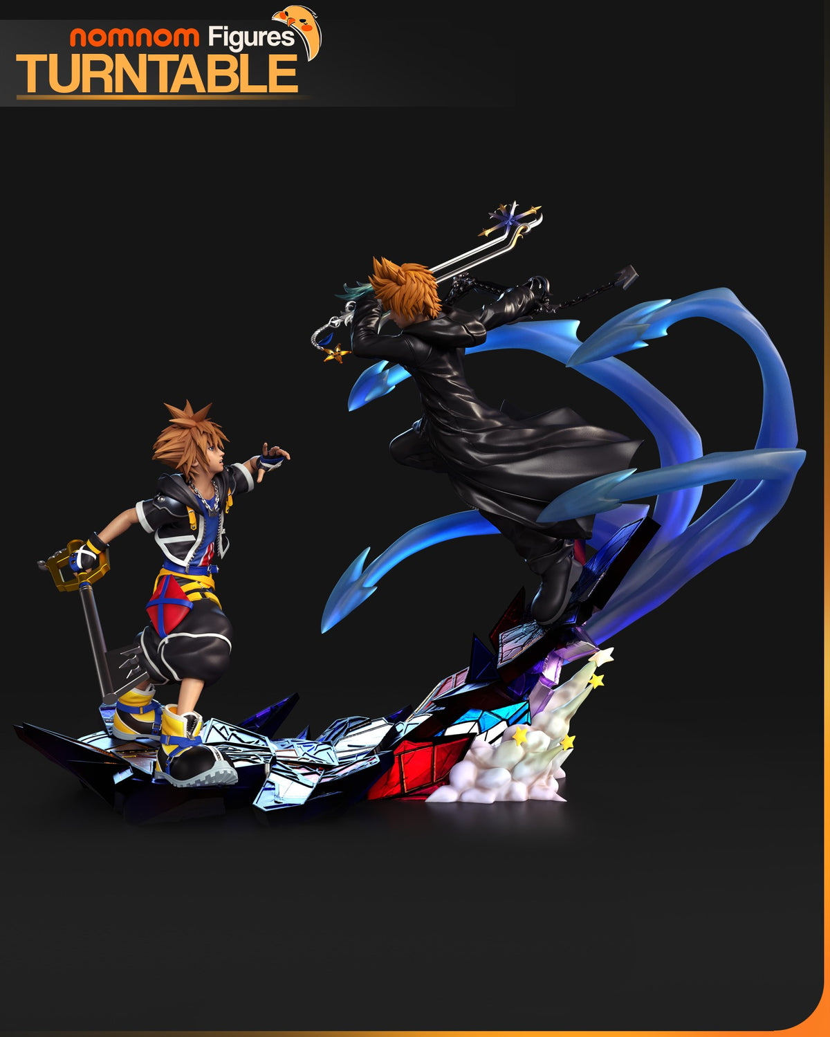 Twin Sky Warriors resin figure duo in dynamic aerial poses with blue energy effects, painted details, and shared base featuring clouds and crystalline elements.