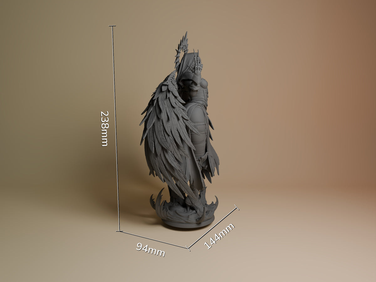 Corrupted Nun resin figure shown at scale (238mm height), unpainted gray resin with detailed feathered wings and ornate base, three-view dimensions displayed.