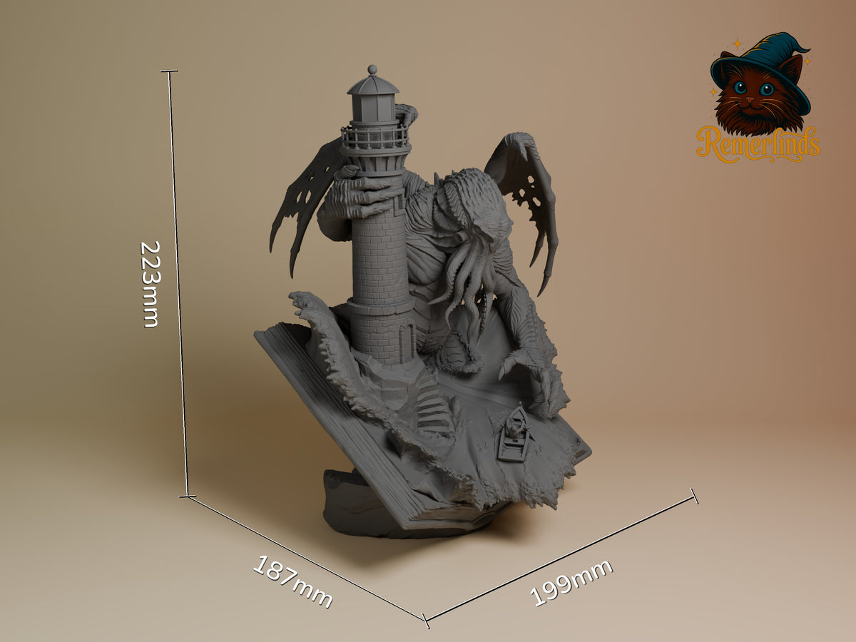 Unpainted Cthulhu from The Call of Cthulhu resin figure shown three-quarter with wings and lighthouse on a book base.