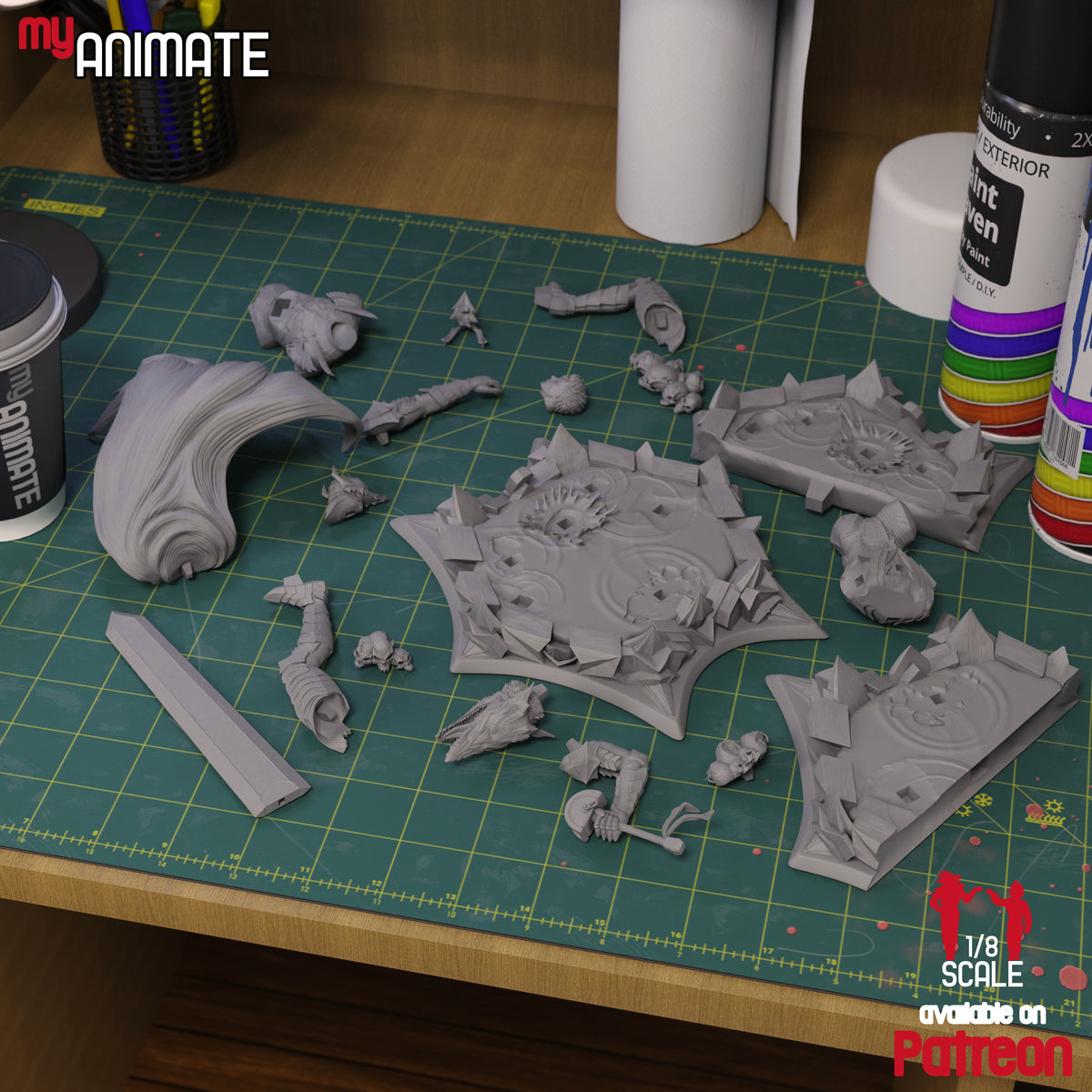 Unpainted Guts from Berserk resin figure parts, including armor, sword, hair, limbs, and sculpted bases.