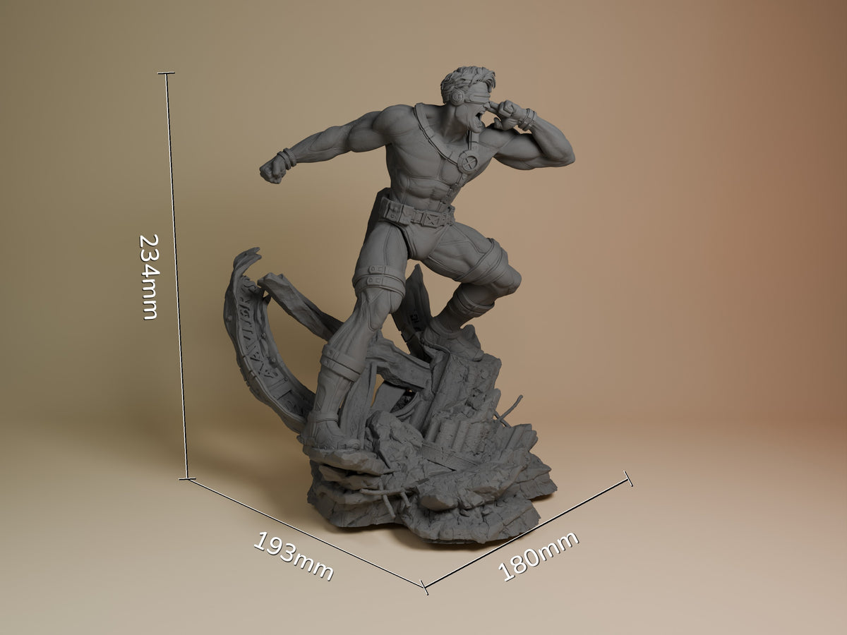 Visor Ranger from Mutant Heroes resin figure shown at scale, unpainted gray with dynamic action pose on detailed base, 234mm tall.