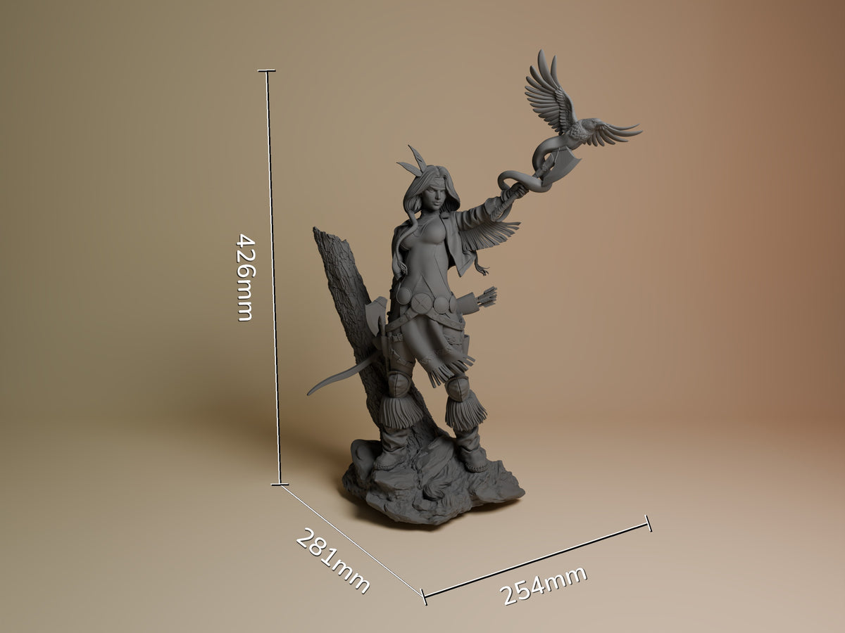 Spirit Arrow resin figure shown at scale with dimensions, displaying winged character with bow and arrow in dynamic pose on textured base.