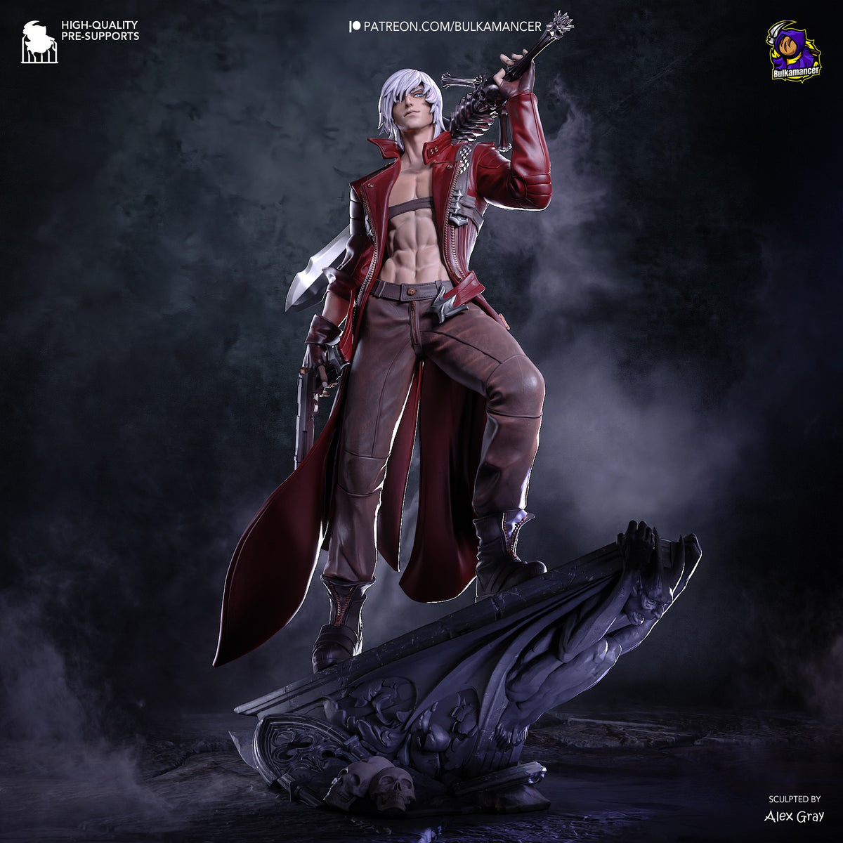 Dante resin figure in dynamic pose on ornate base, red coat and dual weapons, silver hair, detailed paintwork, front-facing angle showcasing sculpted detail.