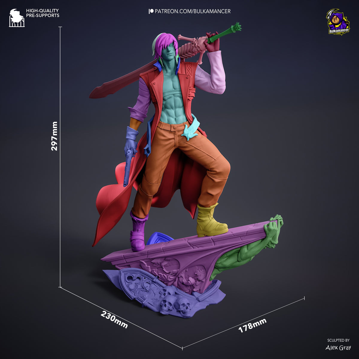 Dante resin figure shown at 297mm height in dynamic pose with sword and gun, colorful paint job, ornate base with skulls and green hand detail.