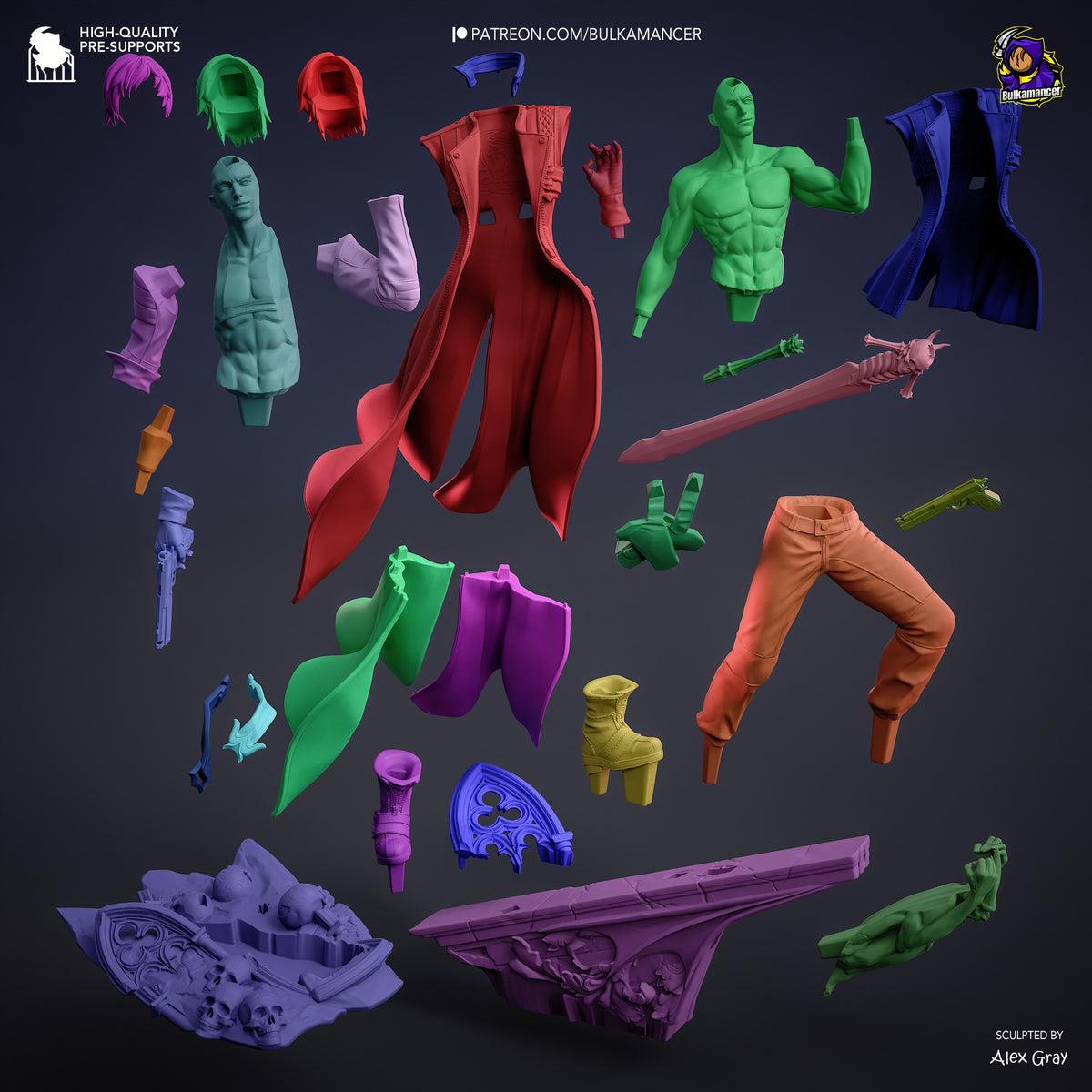 Dante from Devil May Cry 3D printed resin figure parts display showing colored torso, limbs, clothing pieces, weapons, and accessories arranged on dark background.