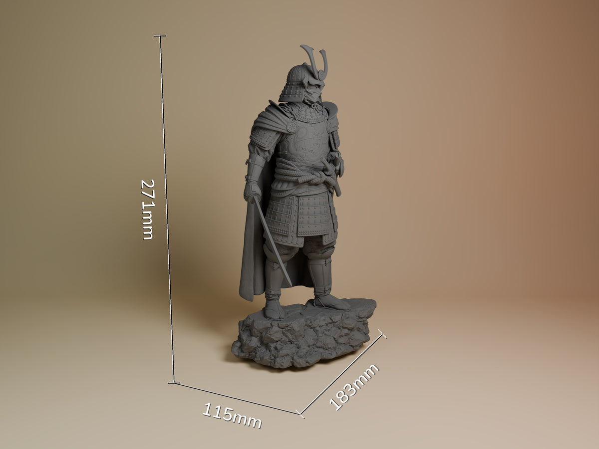 Void Ronin resin figure with dimensional scale reference showing 271mm height, 115mm width, 183mm depth. Unpainted gray samurai warrior in armor on textured base.
