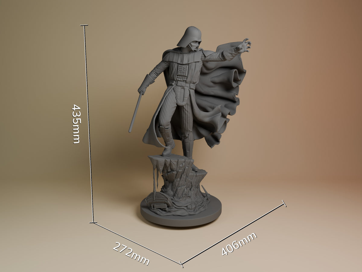 Dark Lord Mask resin figure from Galaxy Wars shown at 435mm height with scale reference, unpainted gray prototype on textured base, pointing pose with cape.