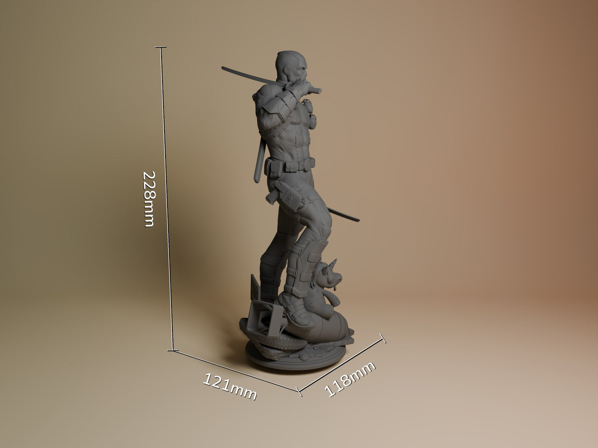 Deadpool resin figure from Antihero Chronicles shown at scale with katanas, posed dynamically on detailed base, unpainted gray prototype.