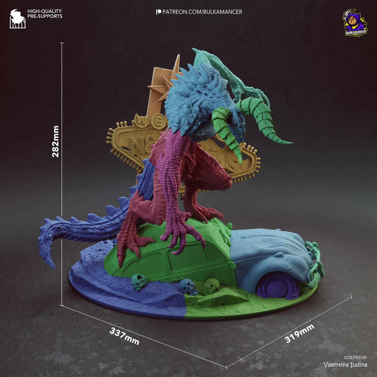 Deathclaw from Fallout is a painted resin figure posed on a sculpted base with scale measurements.