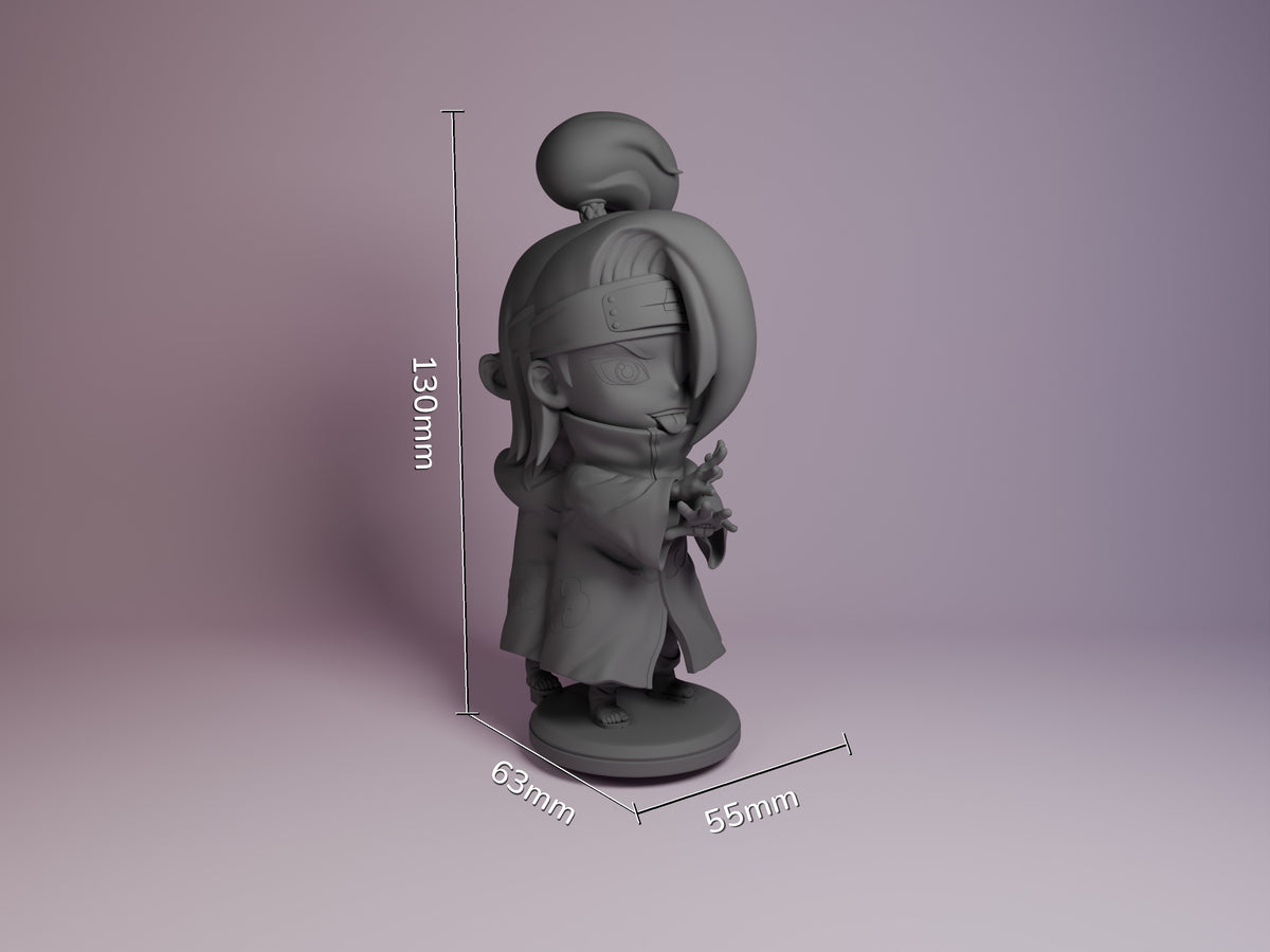 Gray resin Chibi figure of Naruto character with headband and backpack, shown from side angle on circular base with 130mm height and 65x55mm width dimensions.