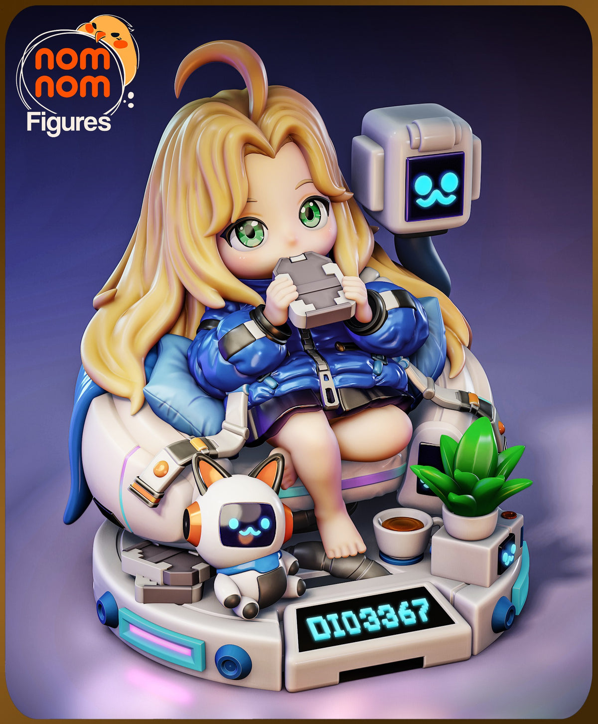 Diana from Pragmata is shown front-facing as a painted resin Chibi figure seated with a robot on a sculpted base.