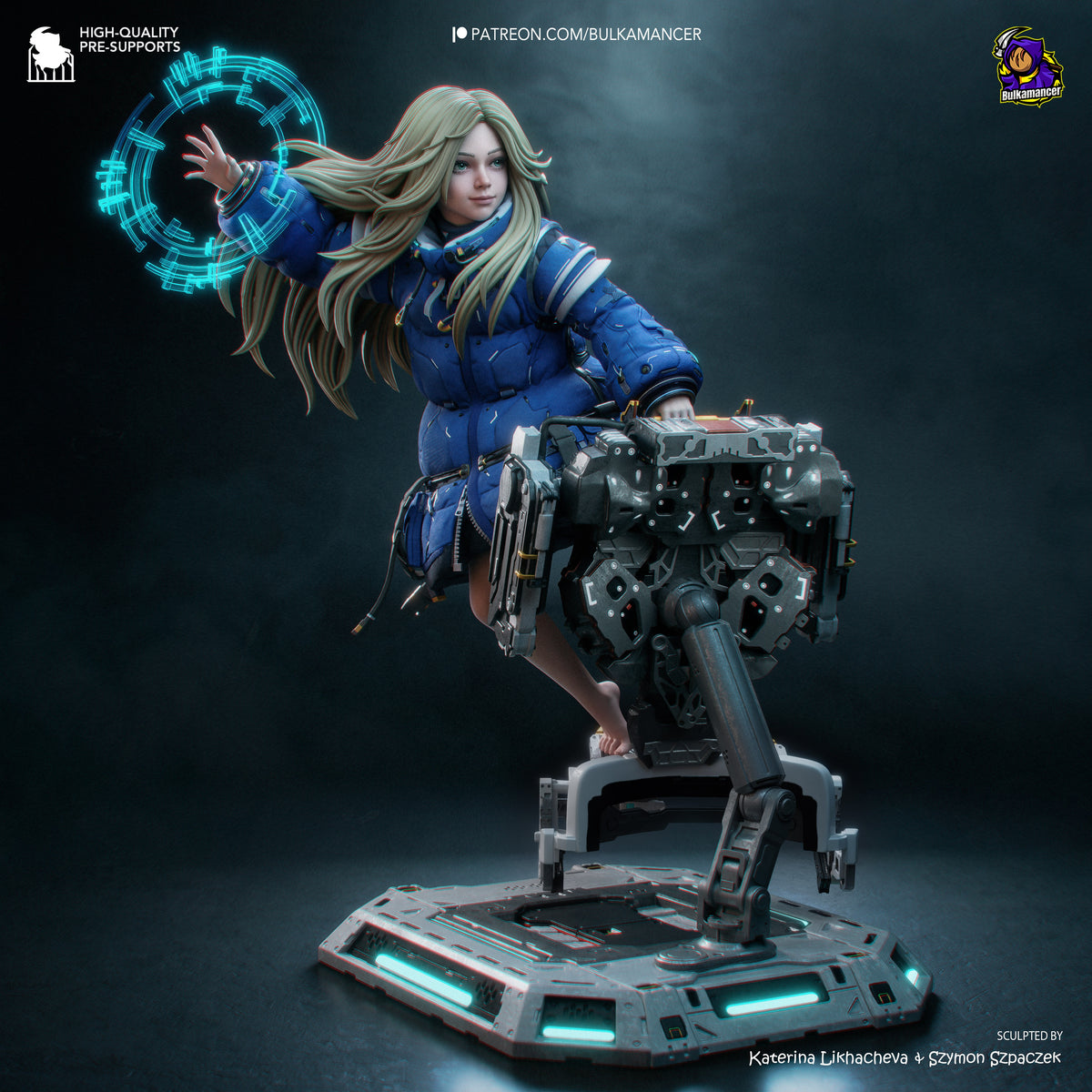 Diana from Pragmata resin figure posed on futuristic base, wielding blue energy orb, fully painted in blue tactical suit with blonde hair.
