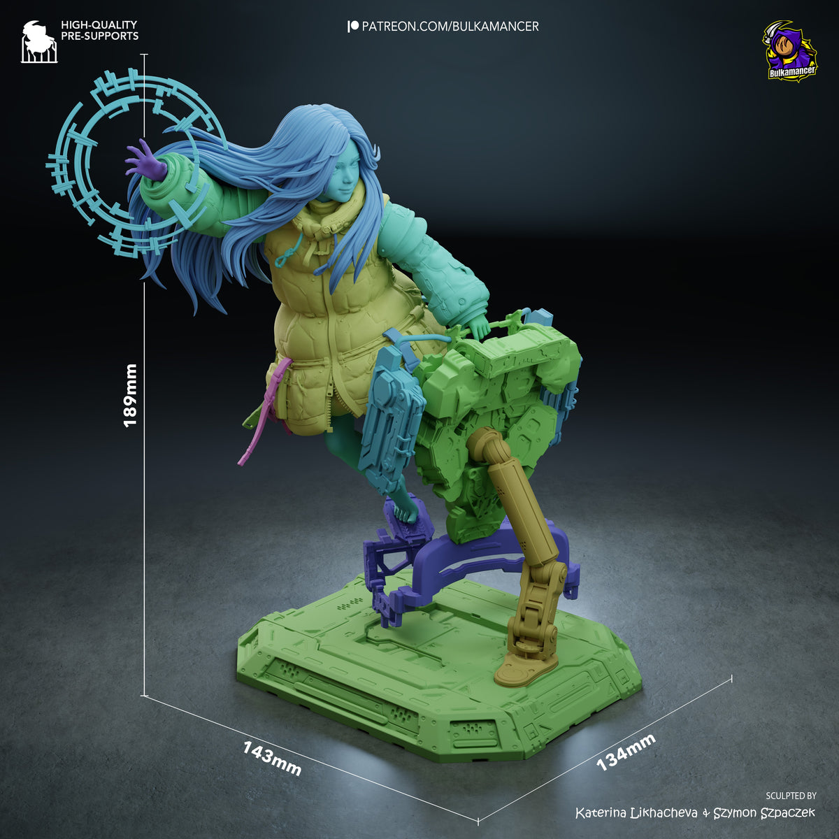 Diana from Pragmata resin figure shown at scale (189mm height), painted in yellow, blue, and green, posed dynamically on geometric base with staff.